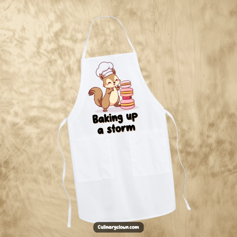 Funny kawaii squirrel chef in a chef hat, struggling with a tower of colorful macarons, printed on a kitchen apron.