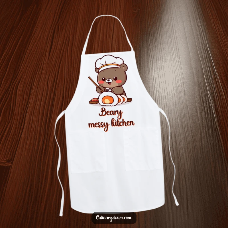Funny Apron with a Kawaii bear sushi chef character rolling a large sushi roll, ideal for a fun and playful cooking experience.