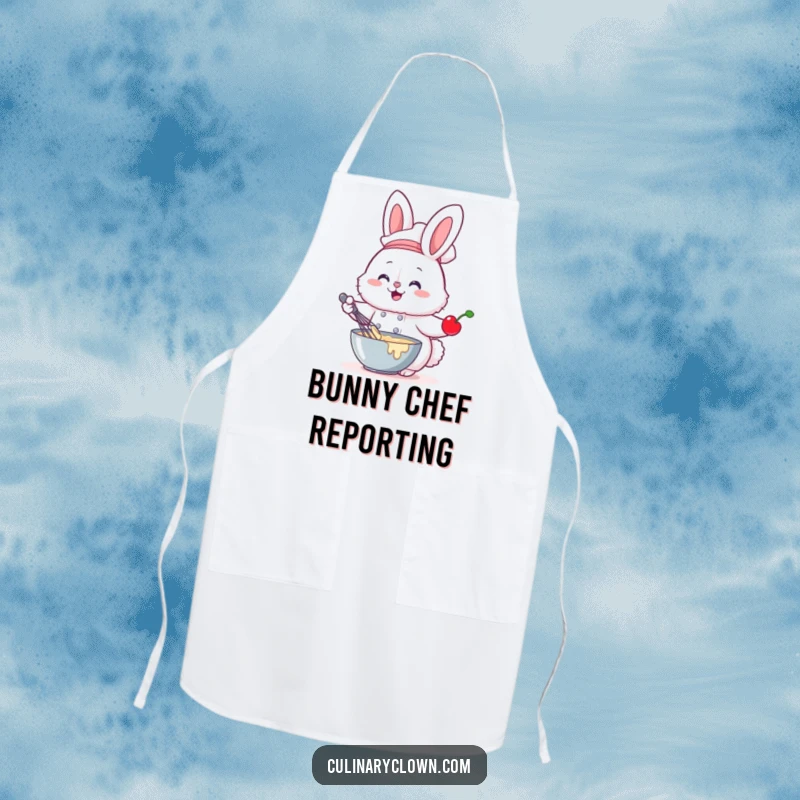 Funny apron of a fluffy bunny chef whisking batter with a cherry, ideal for joyful and clean baking.