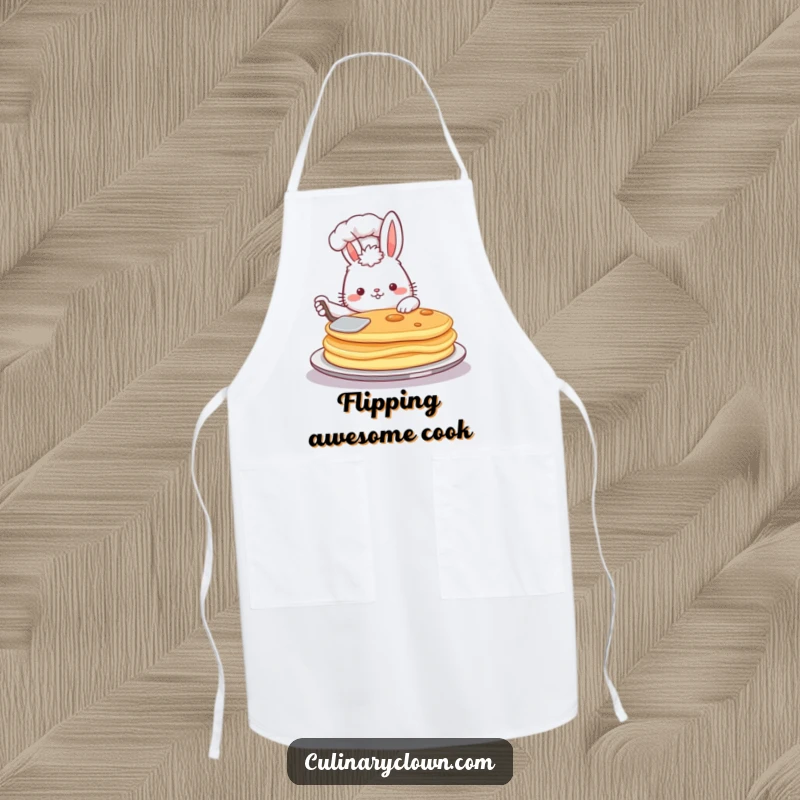 Funny apron design of a fluffy bunny chef proudly flipping a giant pancake with a spatula, ready to cook.