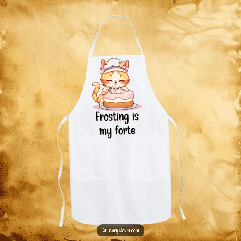 Funny apron featuring a mischievous cat chef artfully decorating a cake, providing protection and humor for the home cook.