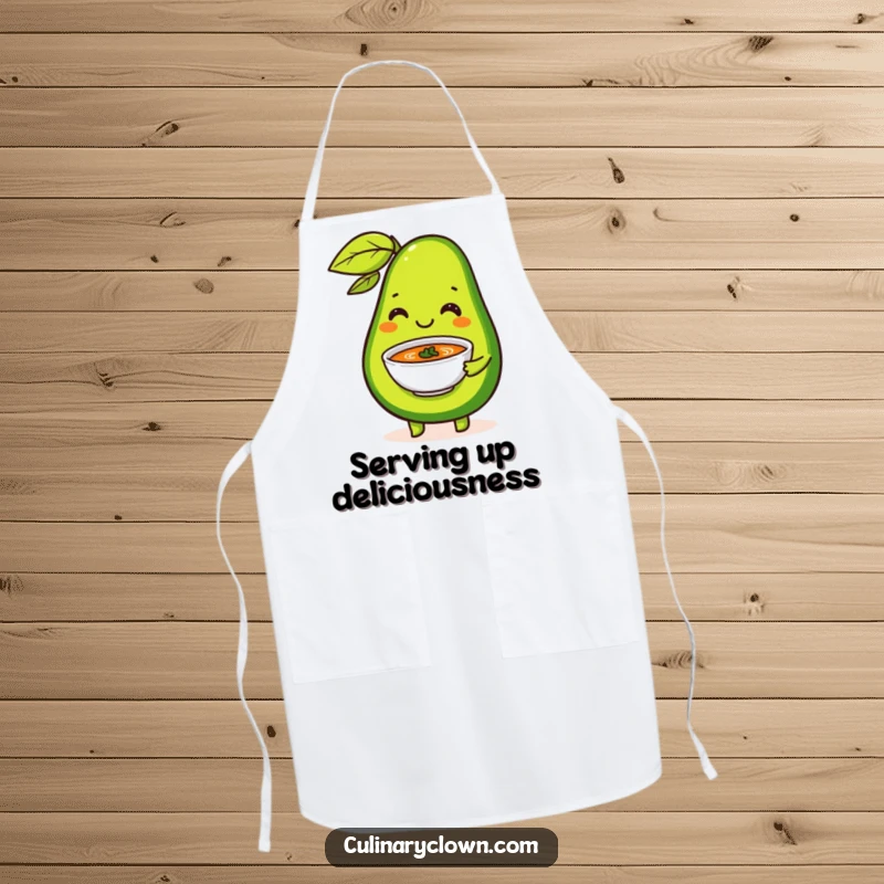 Funny Apron depicting a happy avocado character serving a tiny bowl of soup with great flair, bringing healthy humor to cooking.