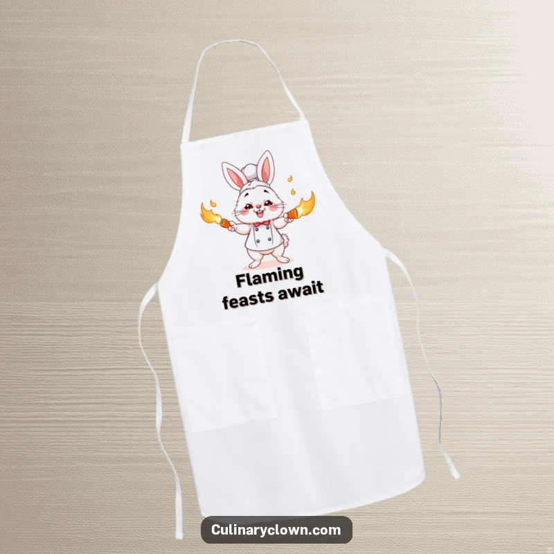 Funny fluffy bunny chef character comically juggling flaming carrots, featured on a chef's funny apron, ideal funny gift.