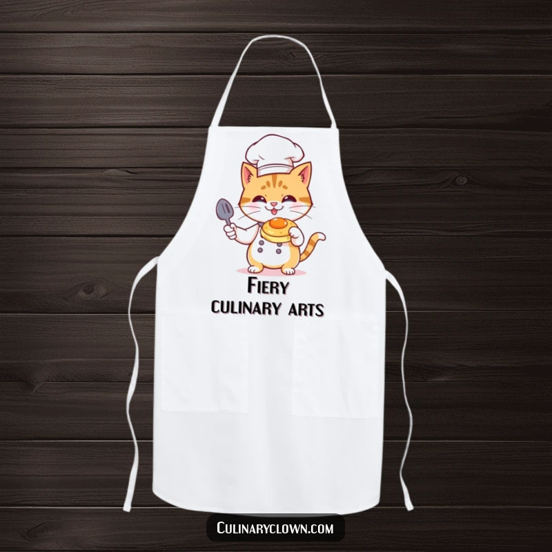 Funny Cat Chef Apron: A cat chef in toque flambéing a pancake, ready for messy cooking adventures.