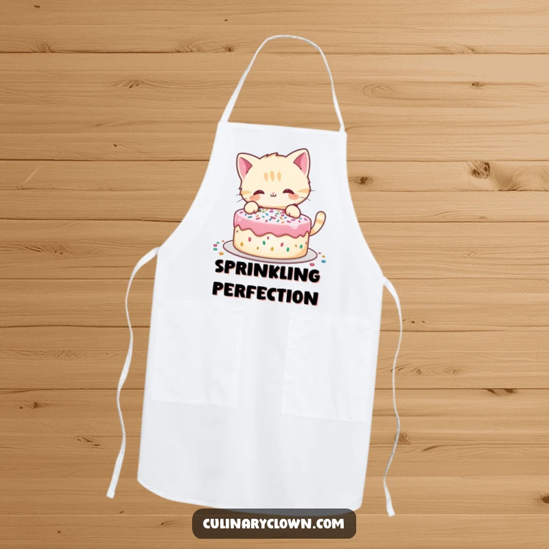Funny apron showing a playful cat character decorating a cake with sprinkles, perfect for bakers and cat lovers.