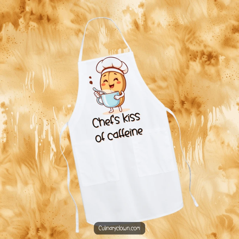 Funny apron featuring a happy coffee bean chef character stirring a mug, designed for cooking and baking with a humorous touch.