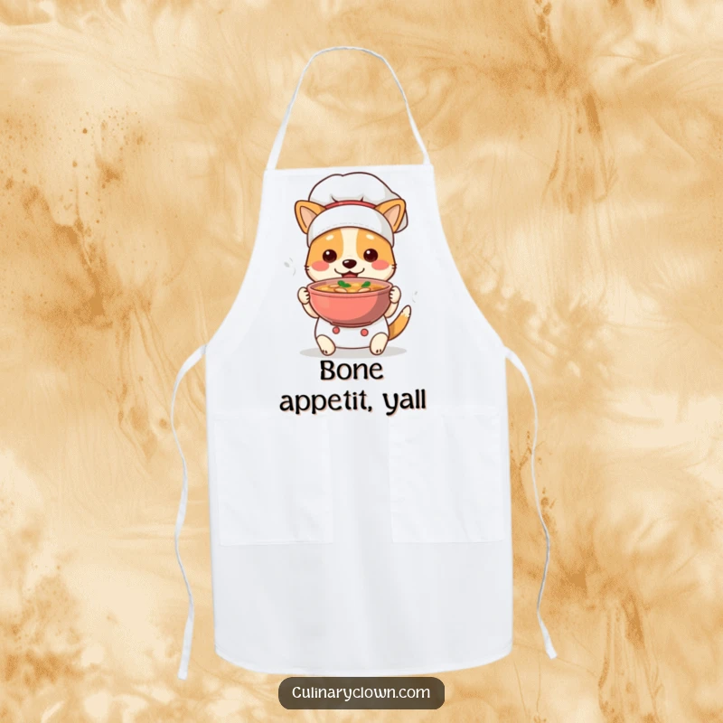 Funny Dog Chef Apron: A cute dog in a chef hat and apron proudly holds a steaming bowl of soup, ready for kitchen duty.