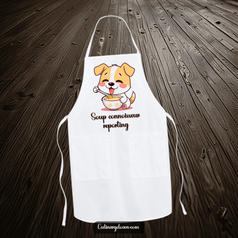 Funny apron with a delighted dog character wearing a chef's hat, enthusiastically tasting soup while cooking.