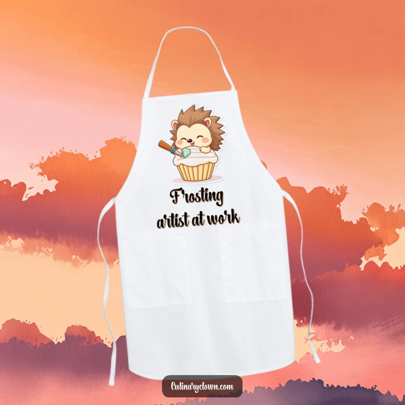 Funny apron with a smiling hedgehog expertly frosting a cupcake, ready for baking adventures.