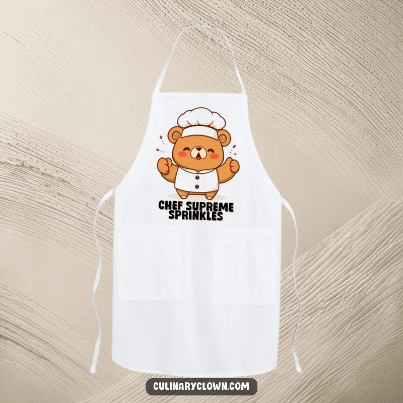 Funny kawaii bear chef triumphantly sprinkling seasoning on a practical apron, perfect for gourmet kitchen fun.