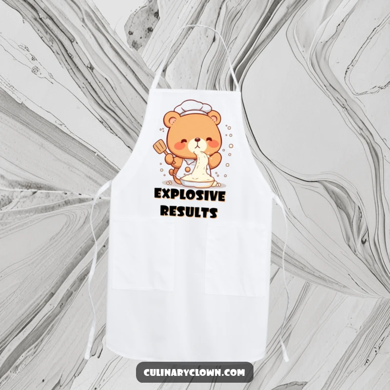 Funny Apron showcasing a cute kawaii bear chef in a comical flour explosion, ready for kitchen adventures and laughs.