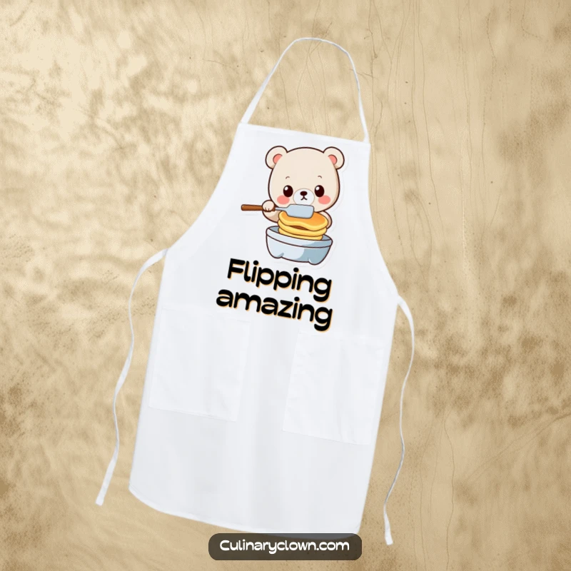 Funny kawaii bear character in an apron, fumbling with pancakes and a spatula, on a humorous apron.