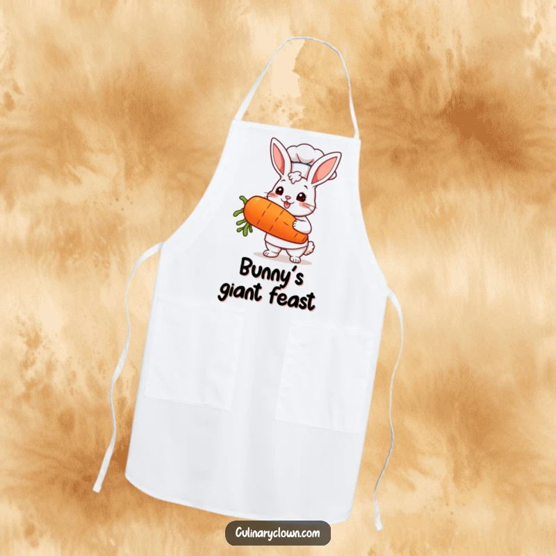 Funny kawaii bunny chef in a chef hat proudly holding an oversized carrot, printed on a practical and humorous apron.