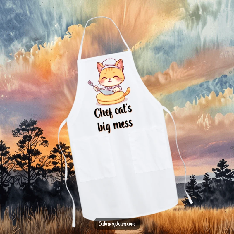 Funny kawaii cat chef in a chef hat humorously struggling to flip a huge pancake, printed on a functional apron.
