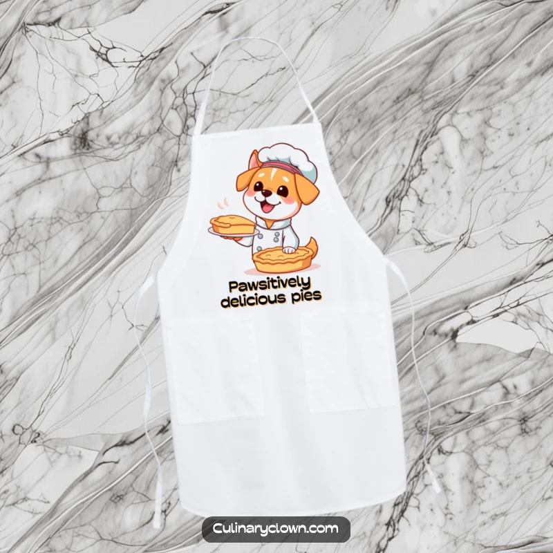 Funny Kawaii Dog Chef Apron: An excited dog chef proudly presenting a pie on a chef's apron, bringing humor to cooking.