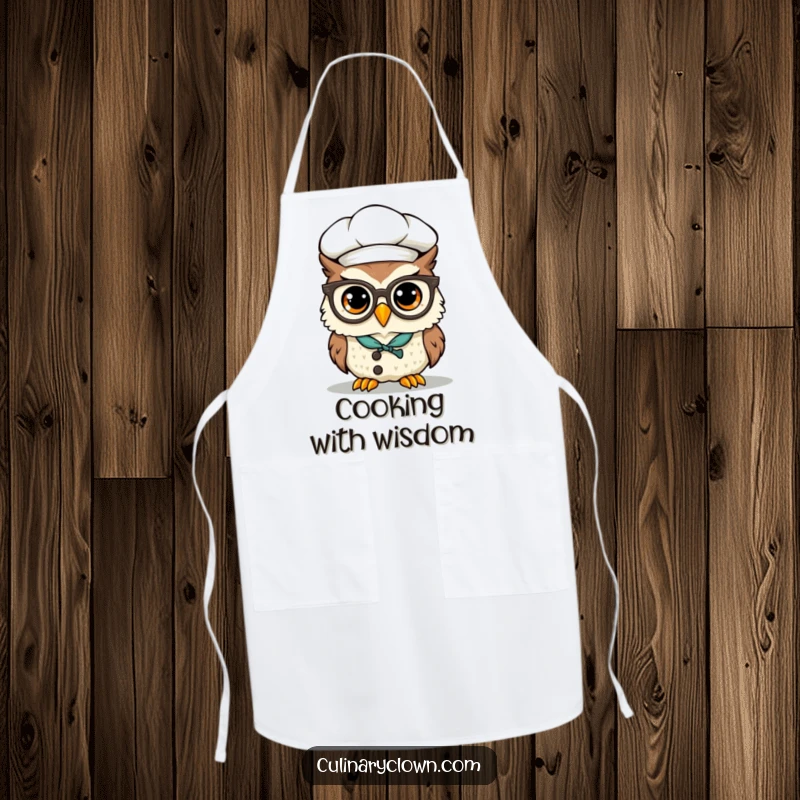 Funny Kawaii Owl Chef Apron: A cute owl wearing a chef hat and glasses perched precariously on its beak, ready to cook wisely.