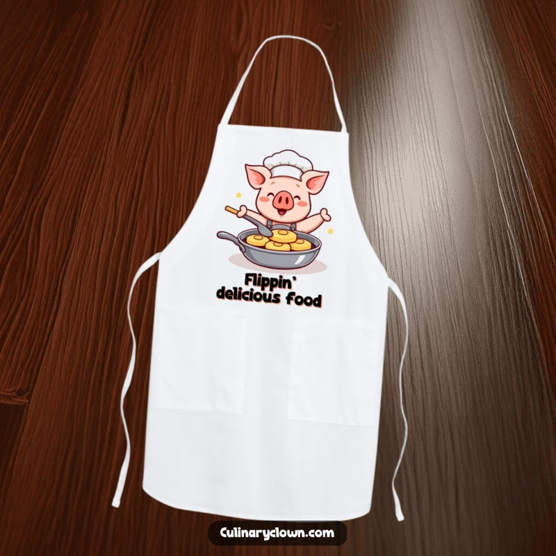 Funny Kawaii Pig Chef Apron: A cute and practical apron featuring a cartoon pig chef happily flipping pancakes, ideal for cooking and baking.