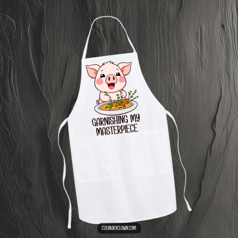 Funny kawaii pig character excitedly garnishing a dish with herbs on a chef's apron.