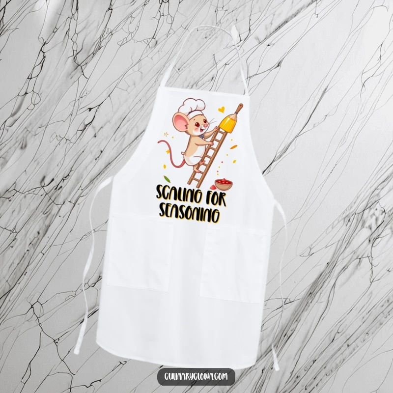 Funny mouse chef apron depicting a brave mouse climbing a ladder for spices, ideal for kitchen bravado.