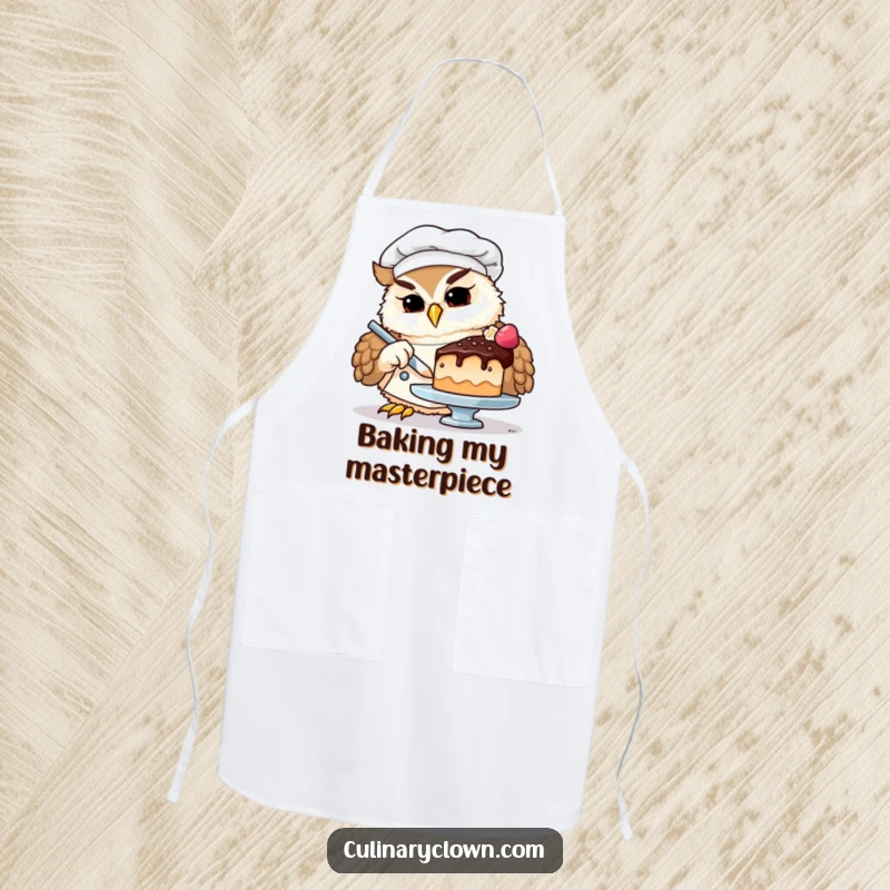 Funny owl chef apron showing a focused owl chef wearing a hat, hands covered in flour, decorating a tiny cake with a piping bag.