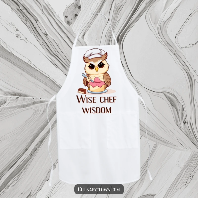 Funny owl chef character decorating a miniature cake, a humorous and functional kitchen apron.