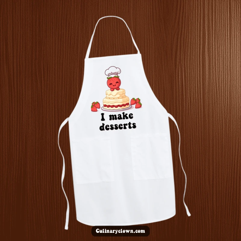 Funny Apron with a strawberry chef character frosting a cake, designed for humorous and mess-free baking.