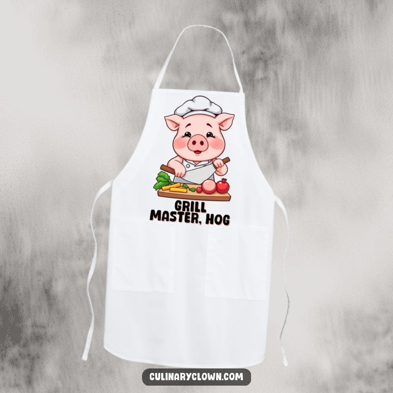 Funny Pig Chef Apron: A smiling pig chef wearing an apron is shown intensely chopping vegetables, ready for kitchen duty.