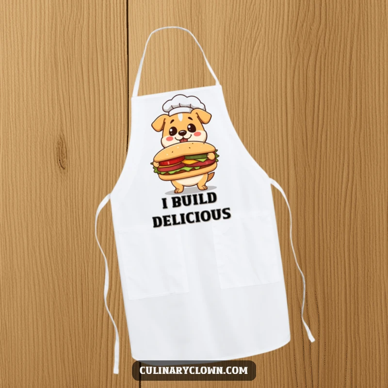 Funny Kawaii Dog Chef Apron: Cute dog chef presenting a sandwich, great for kitchen protection and humor.