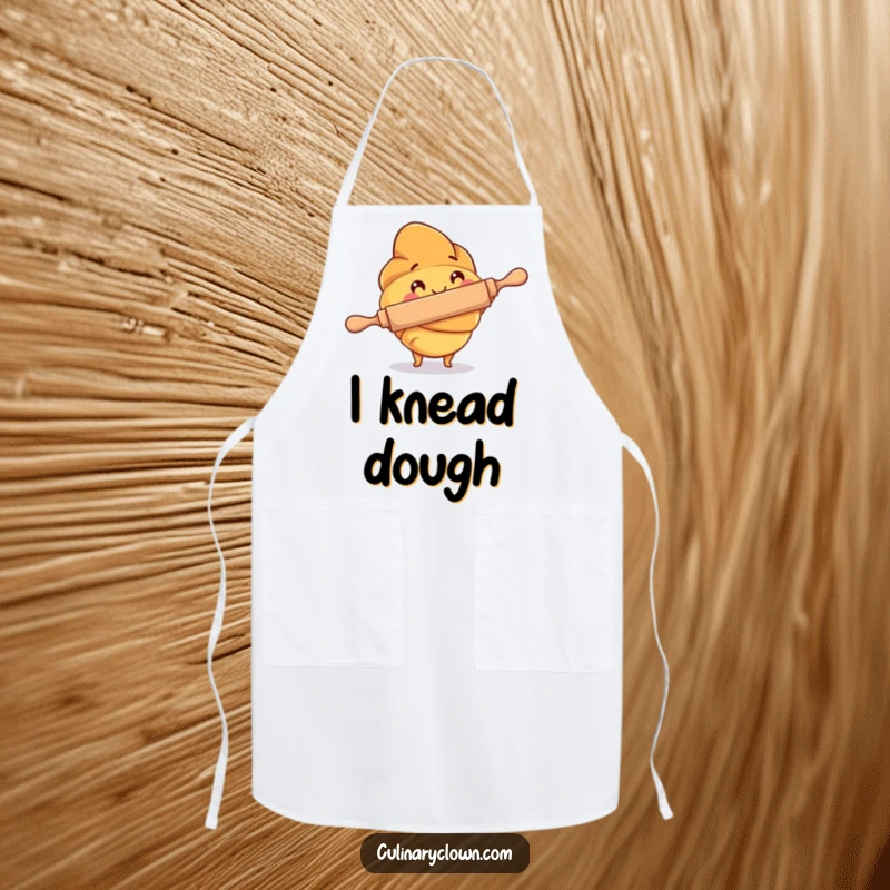 Funny Apron with a croissant character focused on using a rolling pin, designed for humorous and efficient baking.