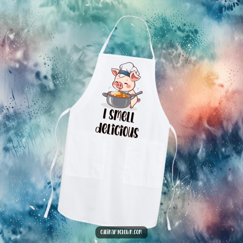 Funny Kawaii Pig Chef Apron: Cute pig chef sniffing stew, great for kitchen protection and humor.
