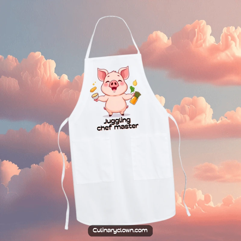Funny apron with a cheerful pig character juggling ingredients while wearing a chef's hat.