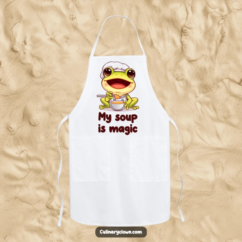 Funny frog chef apron showing a joyful frog wearing a chef's hat, enthusiastically tasting a spoonful of soup with a happy expression.