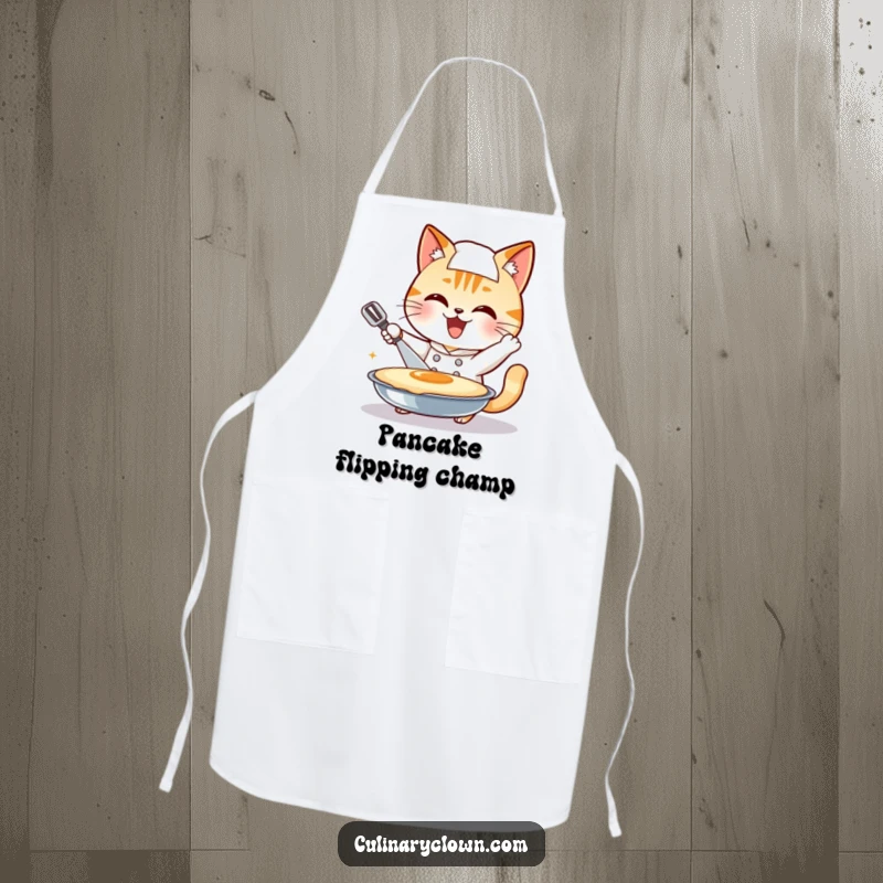 Funny smiling cat chef character enthusiastically attempting to flip a giant pancake, featured on a chef's funny apron, ideal funny gift.