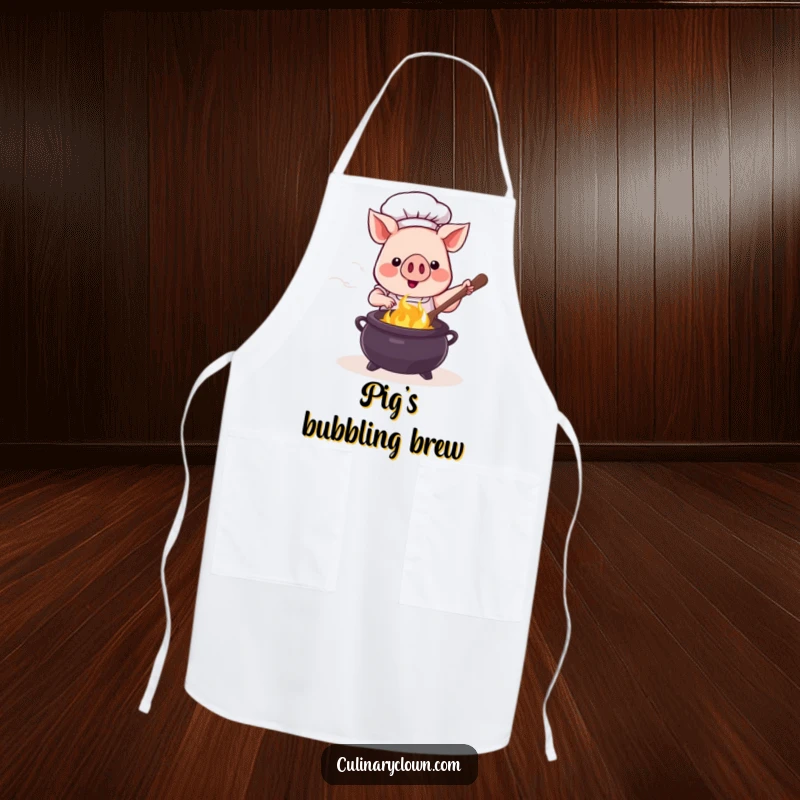 Funny kawaii pig chef in a chef hat stirring a bubbling cauldron, printed on a practical and humorous apron.