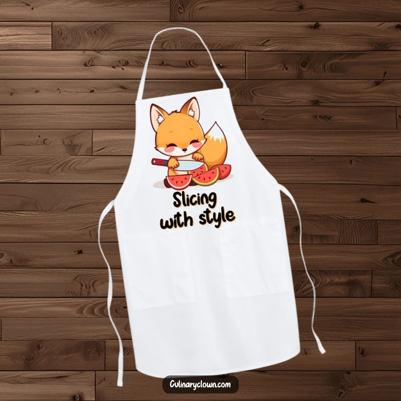 Funny kawaii fox character carefully slicing fruit on a healthy cooking apron.