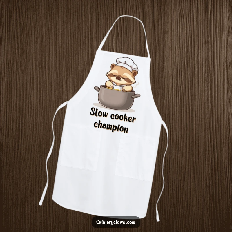 Funny sloth chef apron showing a sleepy sloth wearing a chef's hat, slowly stirring a large pot with a calm, satisfied expression.