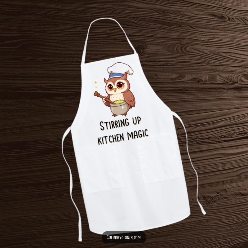 Funny Apron depicting a curious owl chef stirring a bubbling potion with a wooden spoon, bringing magical humor to cooking.