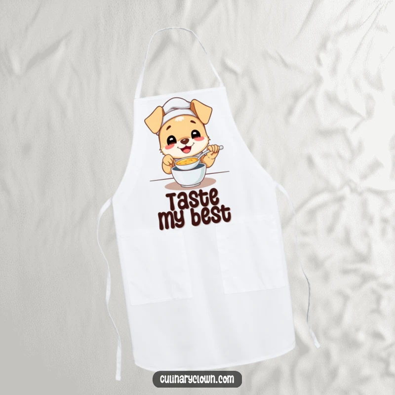 Funny apron showing a gleeful puppy chef happily tasting a spoonful of soup, perfect for mess-free cooking.