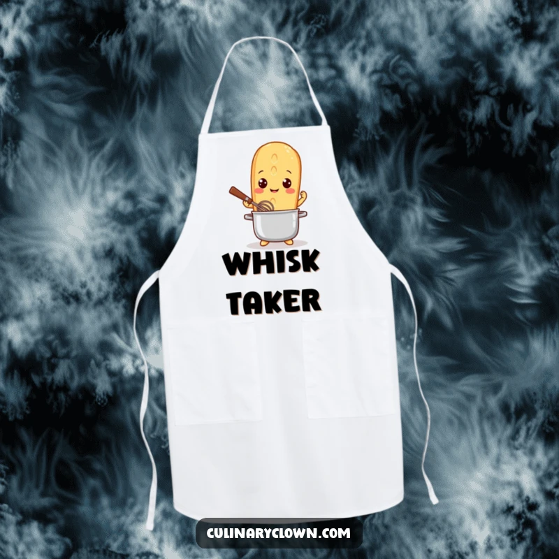 Funny Apron featuring a playful baguette character, bright-eyed and whisking with gusto, ready for a fun cooking session.
