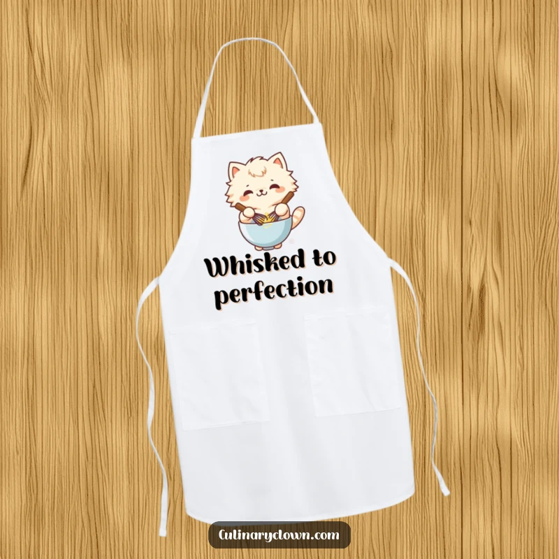 Funny kawaii cat character whisking batter with intense glee on a baking apron.