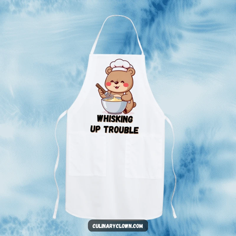 Funny apron design of a cheerful bear chef whisking batter in a bowl with enthusiasm, ready to bake.
