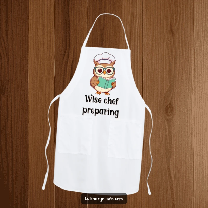 Funny chef apron with a wise chef owl wearing glasses and reading a recipe, perfect for kitchen wisdom and humor.