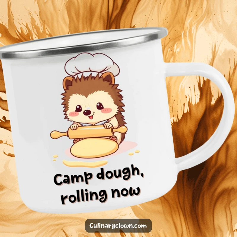 Funny Kawaii Hedgehog Chef Camping Mug: A cute hedgehog chef uses a tiny rolling pin on dough, perfect for outdoor baking enthusiasts.