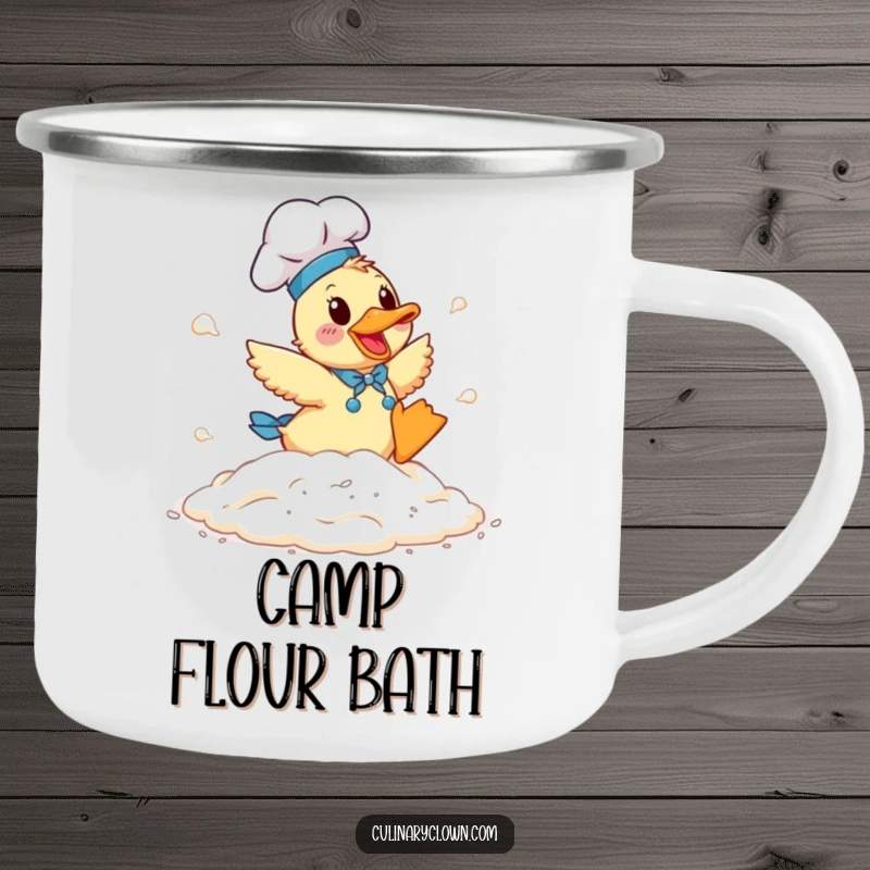 Funny Duck Chef Camping Mug: A duck chef tumbling in flour, perfect for outdoor baking enthusiasts.