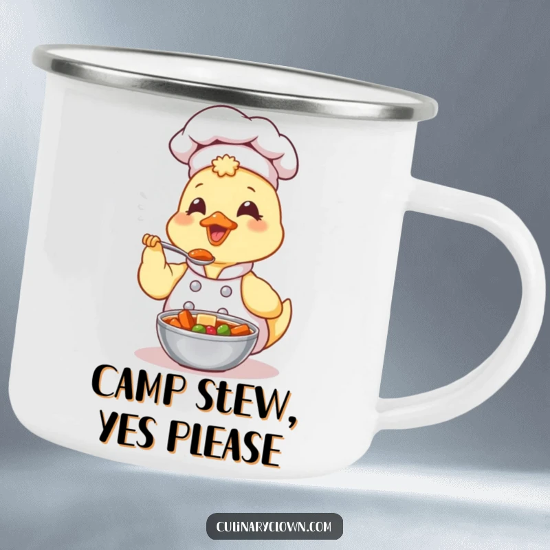 Funny Kawaii Duck Chef Camping Mug: A cute duck chef tasting stew, designed for enjoying warm drinks during outdoor adventures.
