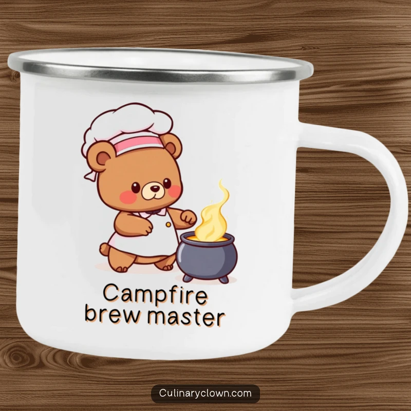 Cute bear chef character stirring a bubbling cauldron, on a sturdy enamel camping mug, perfect funny gift.
