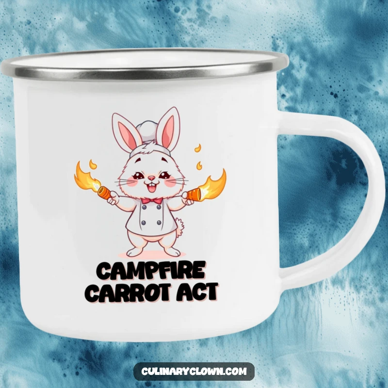 Funny bunny chef character juggling flaming carrots with focus, on a sturdy enamel camping mug, perfect funny gift.