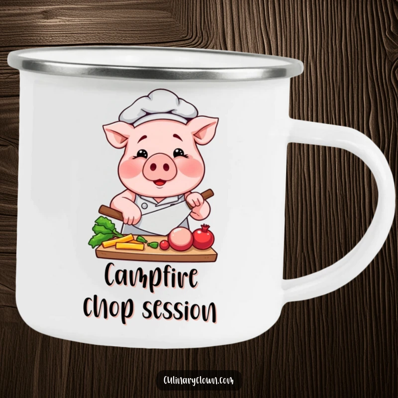 Funny Pig Chef Camping Mug: A focused pig chef chops vegetables, ready for outdoor kitchens and hearty meals.