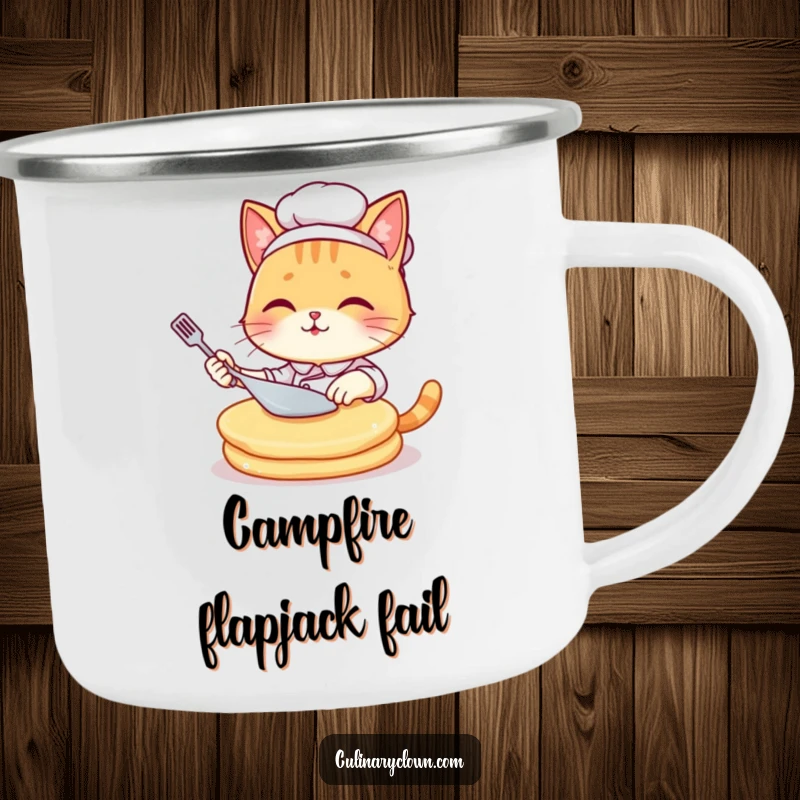 Funny kawaii cat chef struggling with a giant pancake, designed for a durable camping mug, perfect for outdoor adventures.