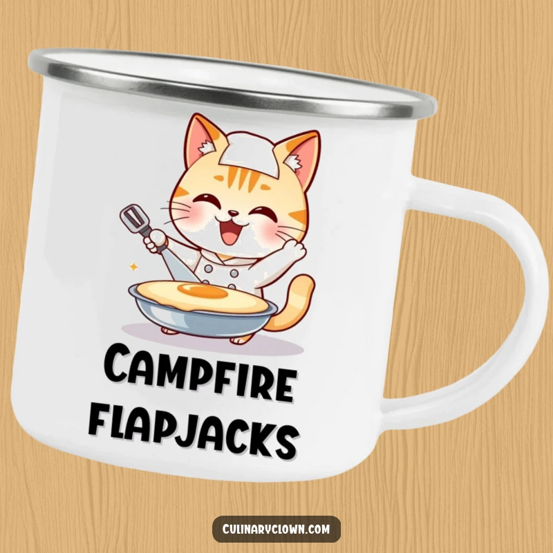 Funny cat chef character attempting a giant pancake flip, on a sturdy enamel camping mug, perfect funny gift.